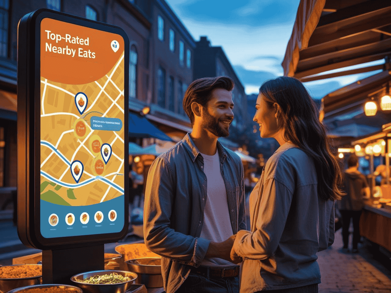 a man standing near a bustling street food market, chatting casually with a friend while an ai generated map on a nearby digital billboard announces “top rated nearby eats” with ai seo optimized