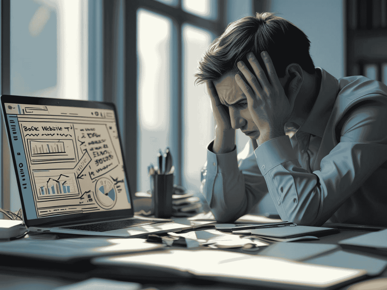 frustrated marketer at desk, mobile phone showing broken site, laptop with messy seo notes, realistic office setting.