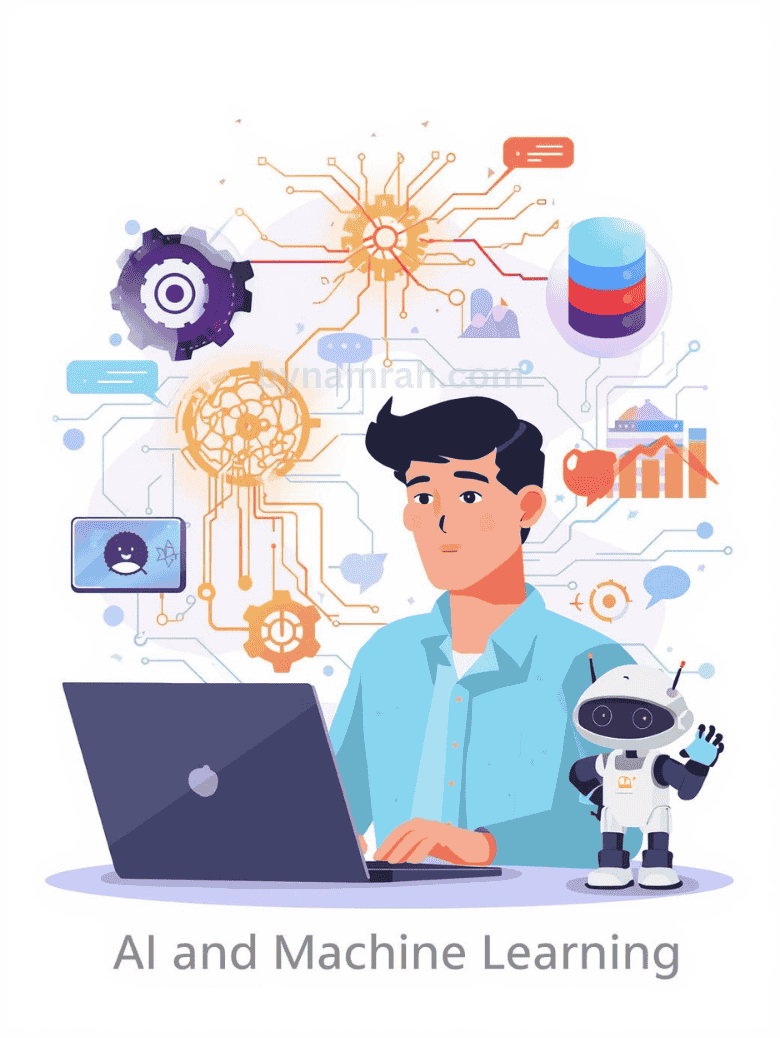 AI, machine learning with neural networks and automation chatting robot and data analysis vector illustration.